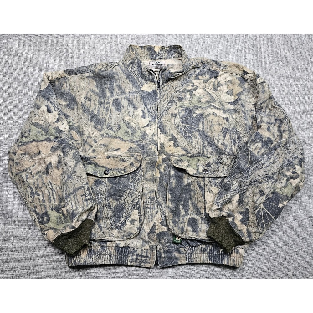 Mossy Oak Jacket Mens XL Green Camo Canvas Bomber Full Zip Made USA Hunting